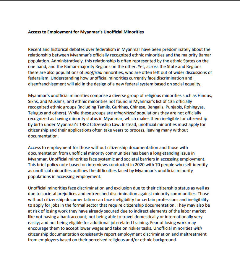 Access to Employment for Myanmar’s Unofficial Minorities