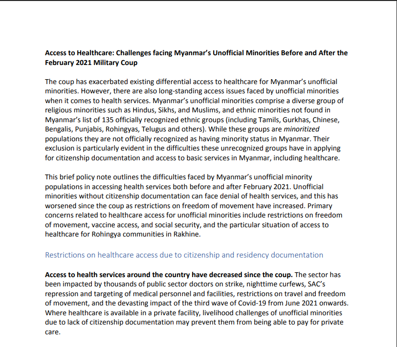 Access to Healthcare Challenges Facing Myanmar’s Unofficial Minorities