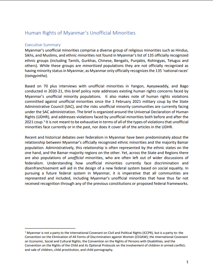 Human Rights of Myanmar’s Unofficial Minorities