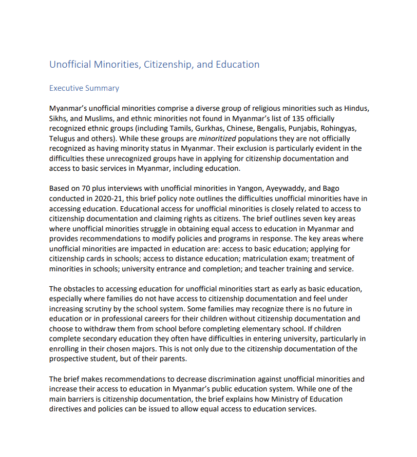 Unofficial Minorities, Citizenship, and Education