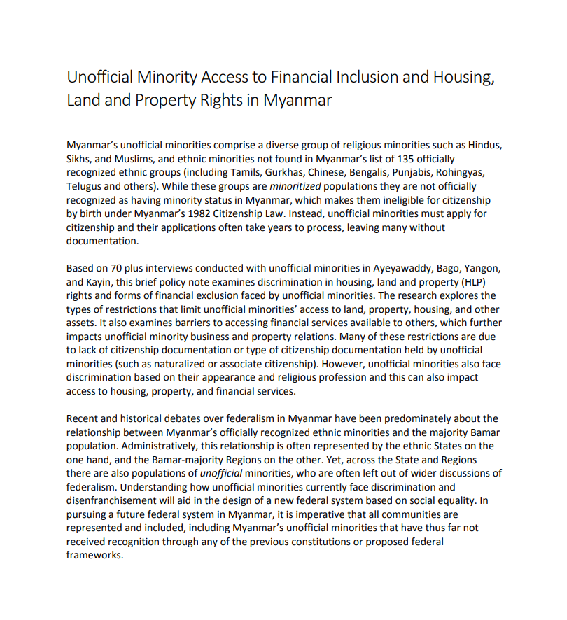 Unofficial Minority Access to Financial Inclusion and Housing,Land and Property Rights in Myanmar